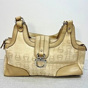 Etienne Aigner Gold & Beige Logo Three Compartment Baguette Shoulder Handbag‎